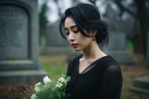 ai genererad skön ung kvinna i de gammal kyrkogård. foto