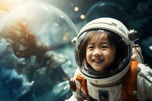 ai genererad porträtt av liten asiatisk flicka bär astronaut hjälm i de Plats foto