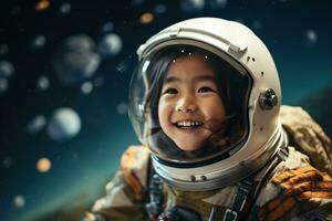 ai genererad porträtt av liten asiatisk flicka bär astronaut hjälm i de Plats foto
