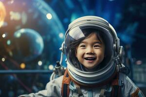 ai genererad porträtt av liten asiatisk flicka bär astronaut hjälm i de Plats foto