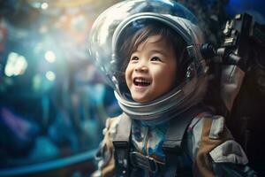 ai genererad porträtt av liten asiatisk flicka bär astronaut hjälm i de Plats foto