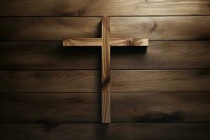 ai genererad trä- kristen korsa på en trä- bakgrund.kristen religion begrepp. foto