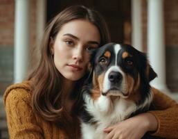 ai genererad porträtt av en ung skön kvinna med henne hund. ai generation foto