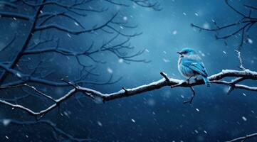 ai genererad blå fågel Sammanträde på små gren i snöig natt, foto