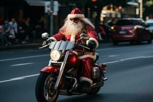 ai genererad santa på motorcykel med stor dålig. foto