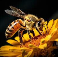 ai genererad en bi på en svart bakgrund med en gul blomma, foto