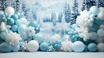 ai genererad skapa en magisk vinter- scen med detta skön blå och vit ballong bakgrund perfekt foto