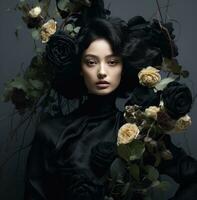 ai genererad en kvinna i svart Framställ med blommor, foto