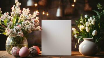 ai genererad vit hälsning kort med tom främre, realistisk på en attrapp mall i en trä- tabell i en jul lyx bakgrund i Hem inuti, foto