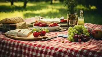 ai genererad sammankomst bordsduk picknick mat foto