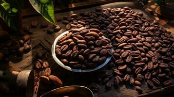 ai genererad porträtt kakao böna på de skål med ljus exponering ai generativ foto