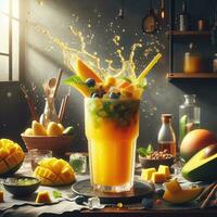 ai genererad stänk mango juice med ljus exponering ai generativ foto