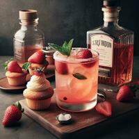 ai genererad jordgubb cocktail med kopp kaka på de tabell foto
