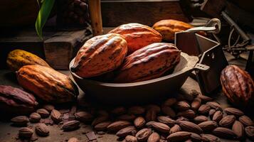 ai genererad porträtt kakao frukt med ljus exponering ai generativ foto