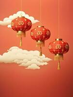 ai genererad porträtt kinesisk lykta med moln på de röd bakgrund ai generativ foto