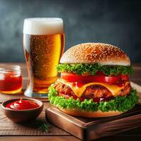 ai genererad utsökt kyckling burger med en glas öl på de tabell ai generativ foto