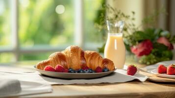 ai genererad frukost croissant med en glas mjölk ai generativ foto