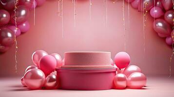 ai genererad modern rosa podium med rosa ballong ai generativ foto