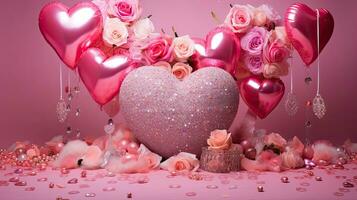 ai genererad rosa hjärta ballong med reste sig blommor ai generativ foto