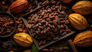 ai genererad topp se kakao böna på de tabell ai generativ foto