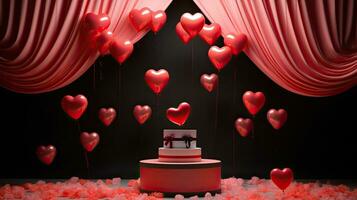 ai genererad produkt podium attrapp med röd hjärta ballong ai generativ foto