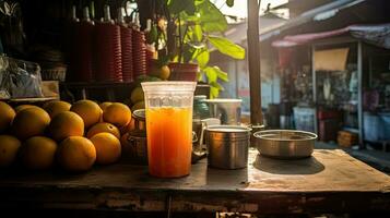 ai genererad färsk mango juice på de trä- tabell ai generativ foto