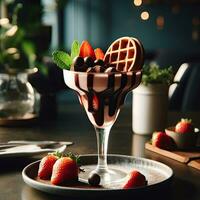 ai genererad smoothie jordgubb dryck med choklad garnering ai generativ foto