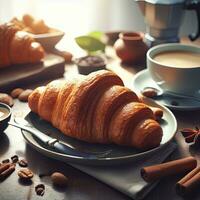 ai genererad frukost croissant med en kopp kaffe ai generativ foto