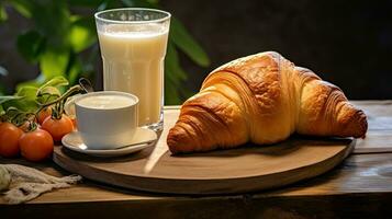 ai genererad frukost croissant med en glas mjölk ai generativ foto