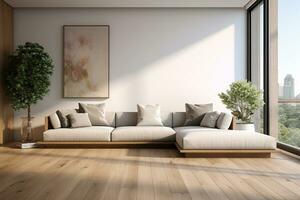 ai genererad 3d återges minimal stil modern levande rum interiör design med soffa foto