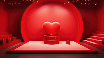 ai genererad röd hjärta ballong på de röd podium ai generativ foto