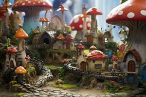 ai genererad svamp trädgård med miniatyr- hus och svamp, närbild, en förtjusande excentrisk gnome by uppsättning i en svamp fält, ai genererad foto
