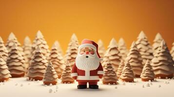 ai genererad 3d återges minimal santa klausul med jul träd och gåvor på pastell bakgrund foto