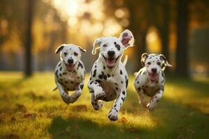 ai genererad förtjusande dalmatian hundar löpning utomhus i de natur på en solig dag, söt rolig dalmatian hundar grupp löpning och spelar på grön gräs i de parkera i höst, ai genererad foto