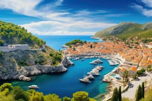 ai genererad dubrovnik, kroatien. panorama- se av de adriatisk hav, dubrovnik landskap, antenn se av de känd europeisk resa destination i kroatien, dubrovnik gammal stad foto