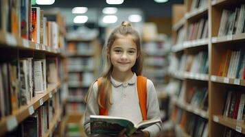 ai genererad liten skola flicka når för hylla av barns böcker i de bokhandel foto