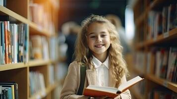 ai genererad liten skola flicka når för hylla av barns böcker i de bokhandel foto
