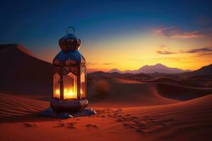 ai genererad lykta i de öken- på solnedgång. ramadan kareem bakgrund, arabicum lykta med brinnande ljus i öken- på solnedgång för ramadan, ai genererad foto
