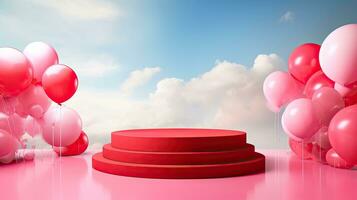 ai genererad röd podium produkt attrapp med ballong ai generatiev foto