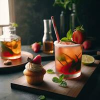 ai genererad jordgubb cocktail med kopp kaka ai generativ foto