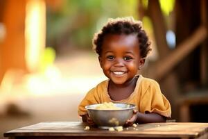 ai genererad afrikansk barn leende och äter en tallrik full av mat. generativ ai foto