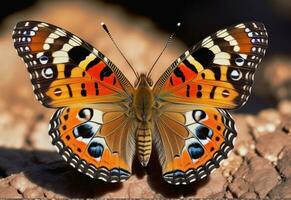 ai genererad en fjäril med blå och orange vingar är på en grön blad foto