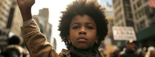 ai genererad svart historia månad begrepp, en ung barn med hans näve Uppfostrad i de luft, i ny york stad. foto