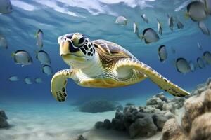 ai genererad sköldpadda närbild med skola av fisk. ai genererad foto