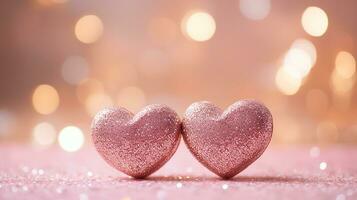 ai genererad gnistrande hjärtan form på de rosa glitter med bokeh ljus bakgrund. för valentine fira begrepp. generativ ai foto