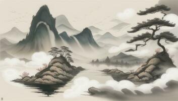 ai genererad kinesisk landskap berg natur målning bläck foto