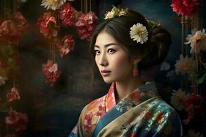 ai genererad japansk flicka i traditionell kimono med blommig hår prydnad. generera ai foto