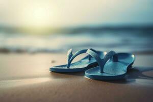 sommar blå Flip flops på strand. generera ai foto