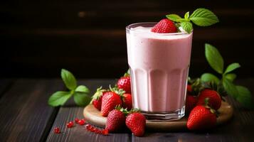 ai genererad jordgubb smoothie eller milkshake med jordgubbar och mynta i en glas foto