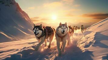 ai genererad huskies upprymd löpning, snöig arktisk landskap på en kall vinter- dag foto